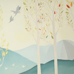 "Tranquil mountain scene mural, perfect for creating a peaceful environment in any room."