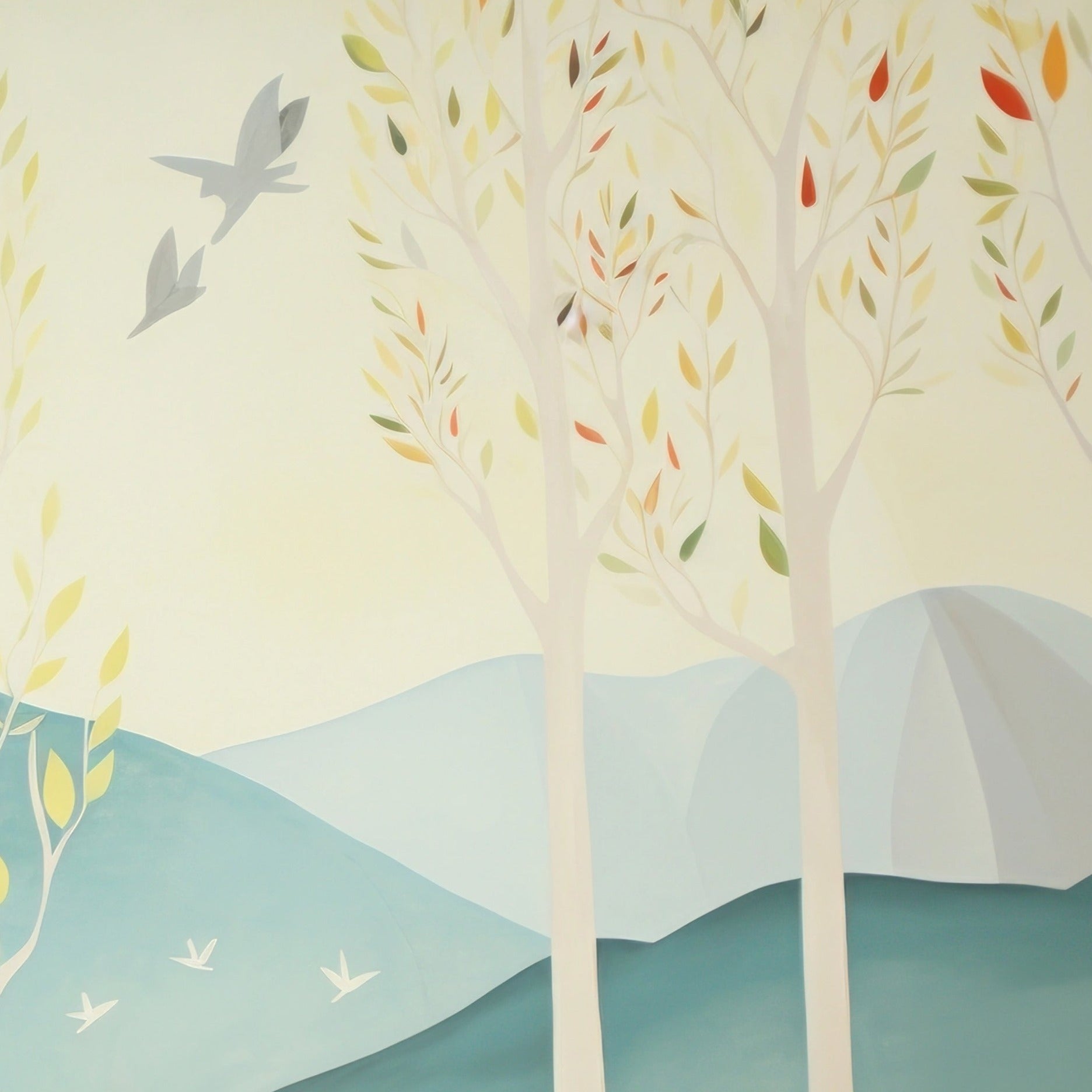 "Tranquil mountain scene mural, perfect for creating a peaceful environment in any room."