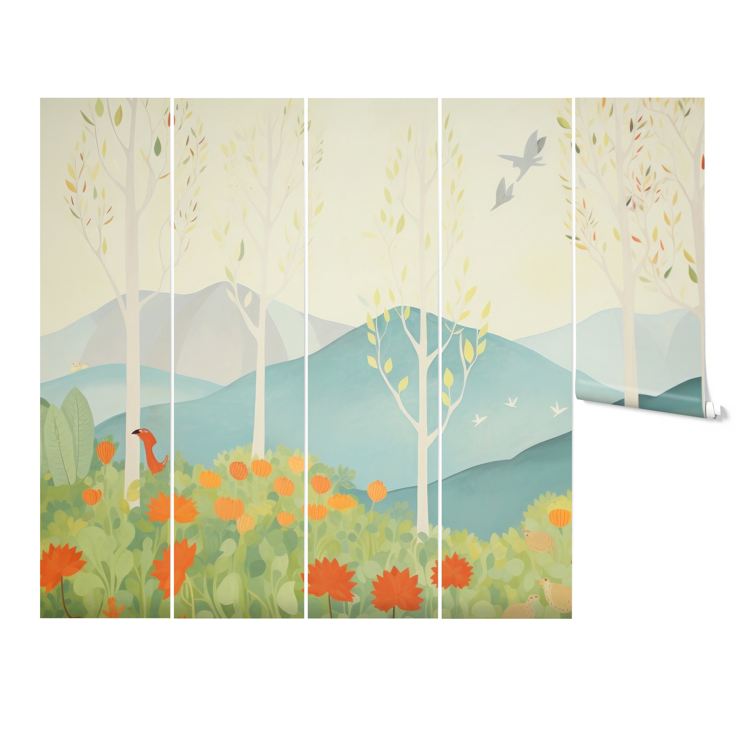 "Blue Mountain wallpaper mural with serene mountain landscape and elegant trees."