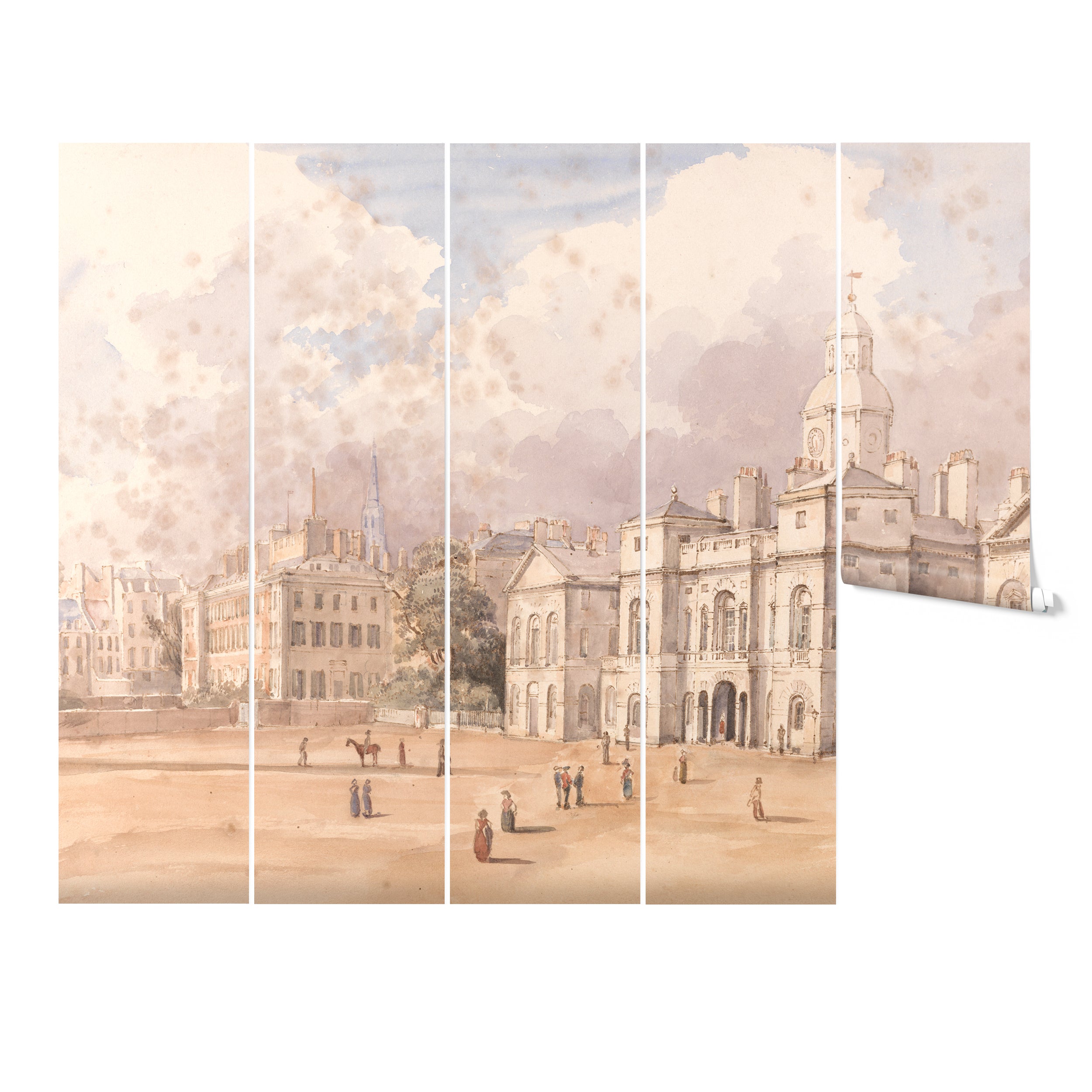The "Parade" wallpaper mural presented as a series of vertical panels, each panel showcasing segments of the historic cityscape mural, offering a unique decorative element that captures both art and history.