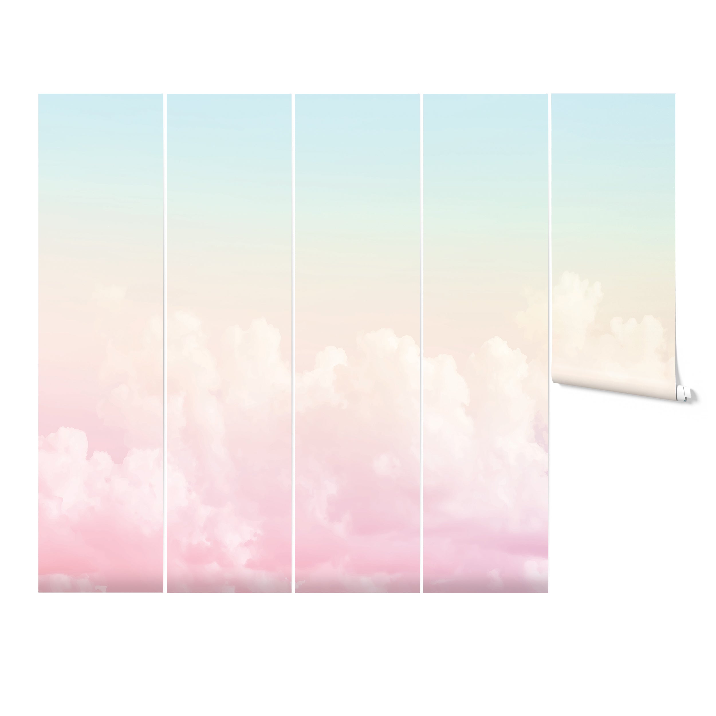 Panels of Pastel Sky Mural Wallpaper showing a seamless transition from pink to blue with fluffy clouds