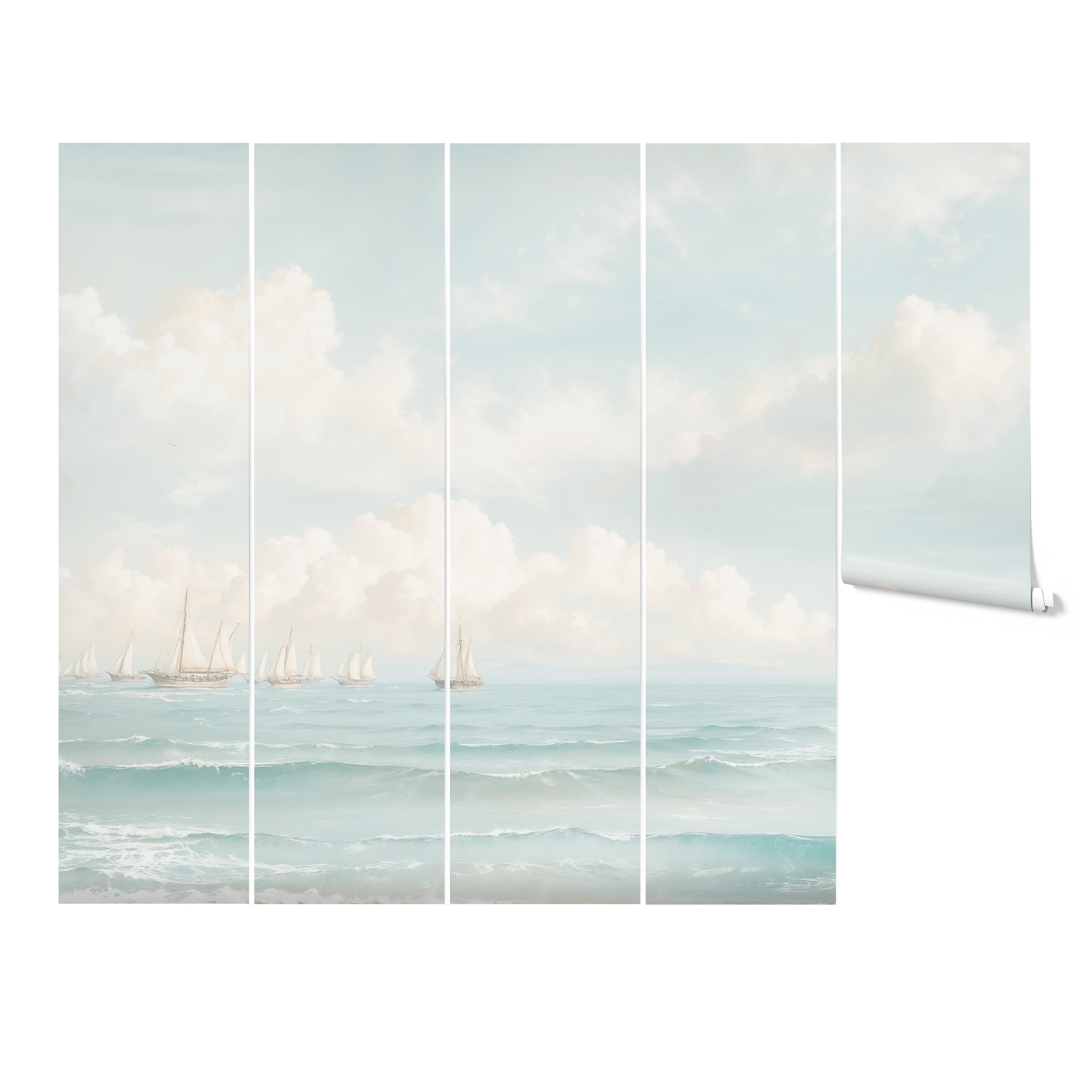 An artistic depiction of a seascape mural segmented into vertical panels, each featuring sailboats on a tranquil sea under a cloudy sky. The image also shows a rolled-up version of the mural, emphasizing its design flexibility.