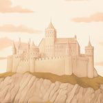 Pastel-toned castle mural featuring a large castle on a hill under a dreamy sky with clouds and a crescent moon