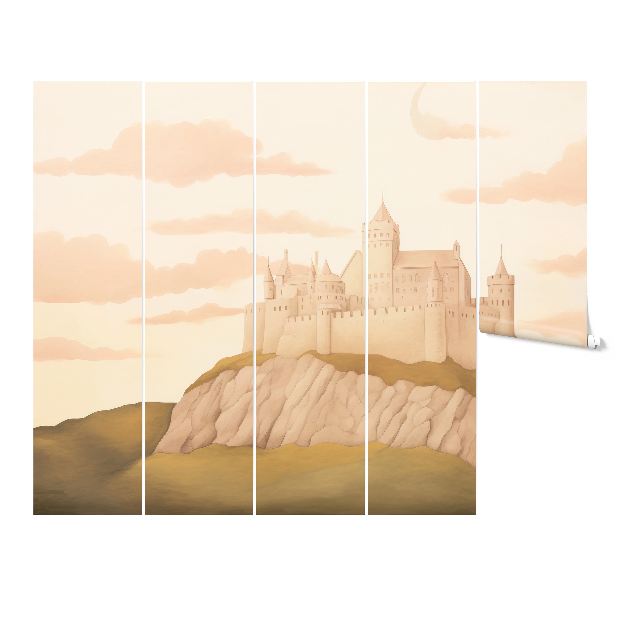 Packaged rolls of pastel castle mural wallpaper featuring a dreamy castle design for home decoration."