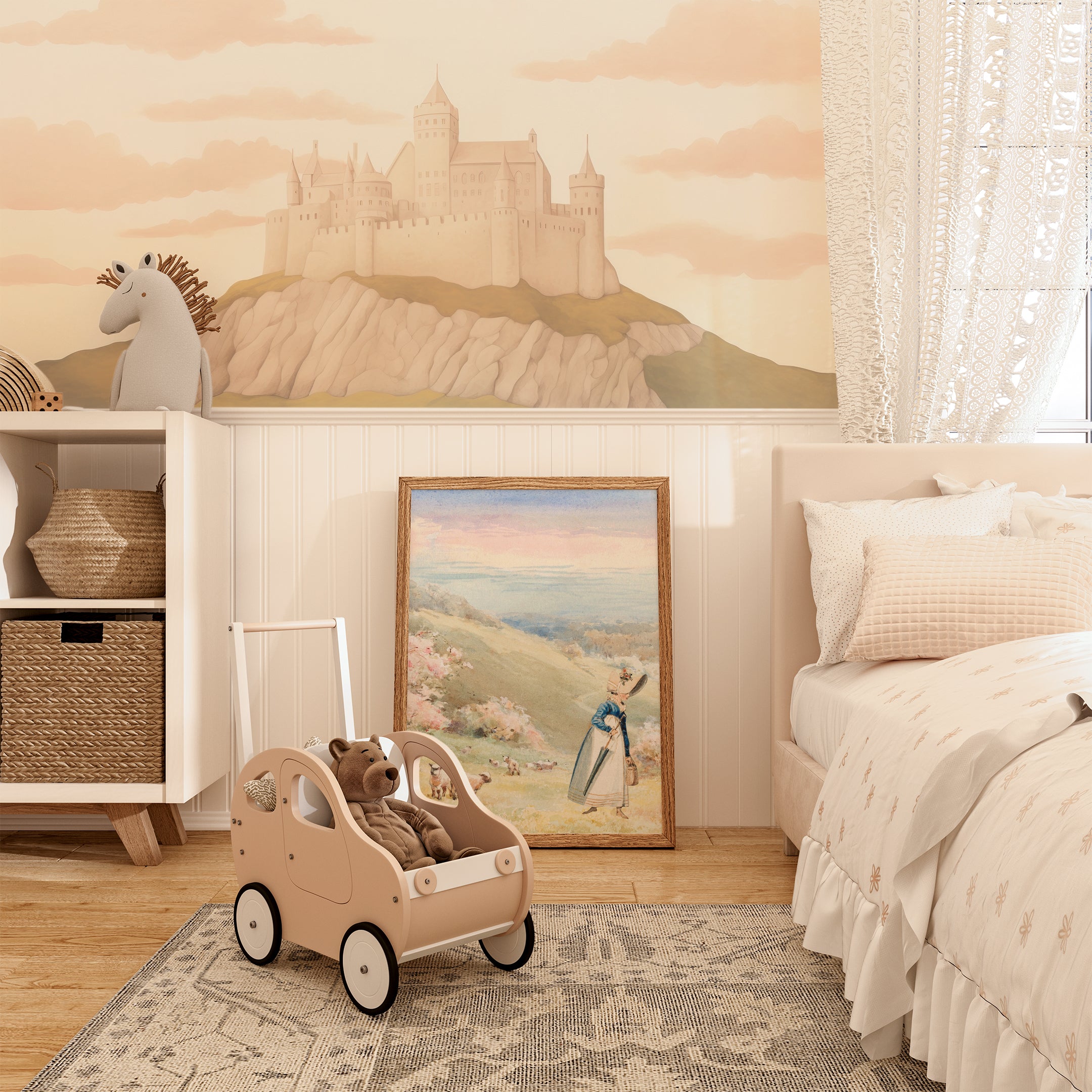 Play area in a child's room with a pastel castle mural backdrop, featuring wooden toys and playful décor.