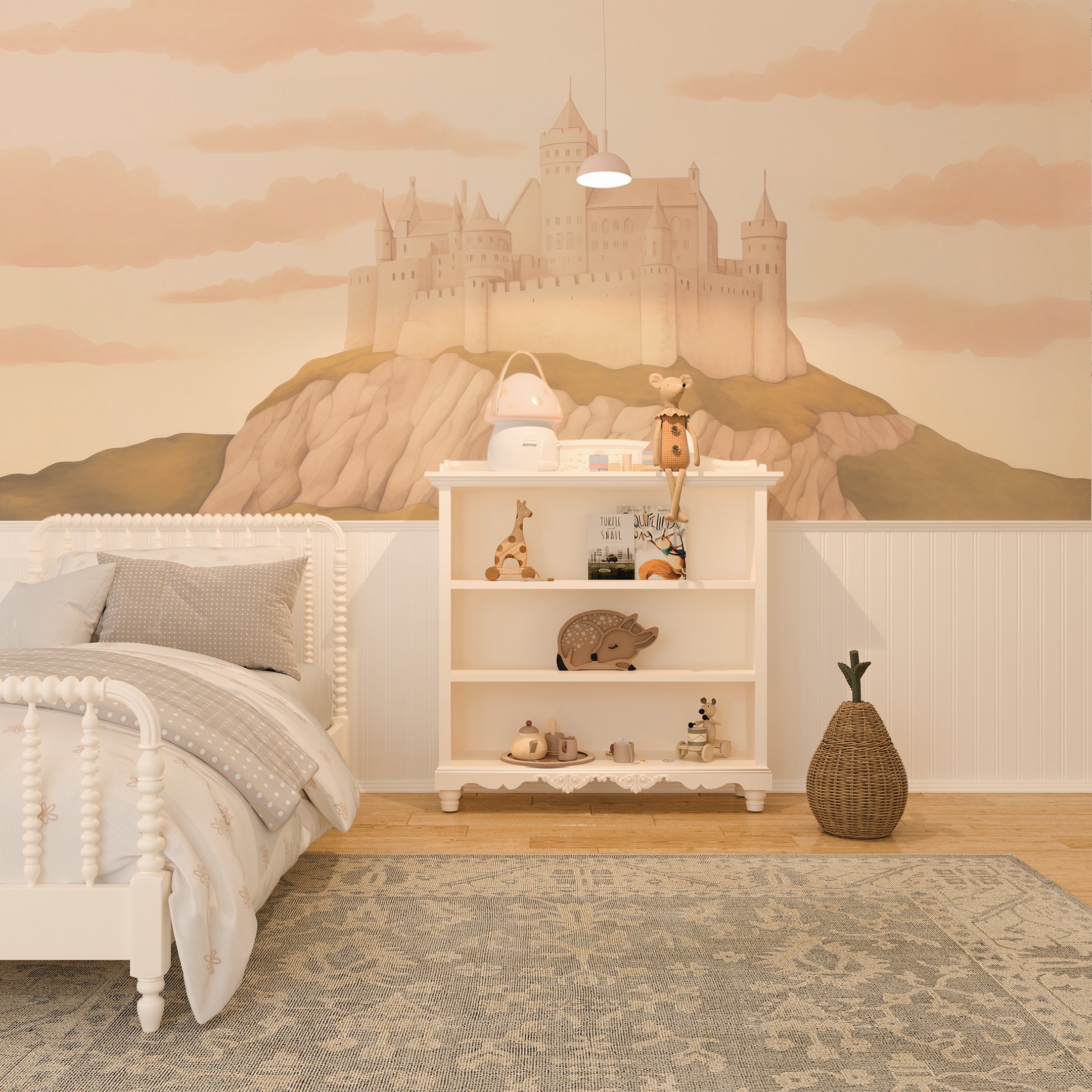 Child's bedroom with pastel castle mural on the wall, white furniture, and soft toy decorations creating a storybook ambiance