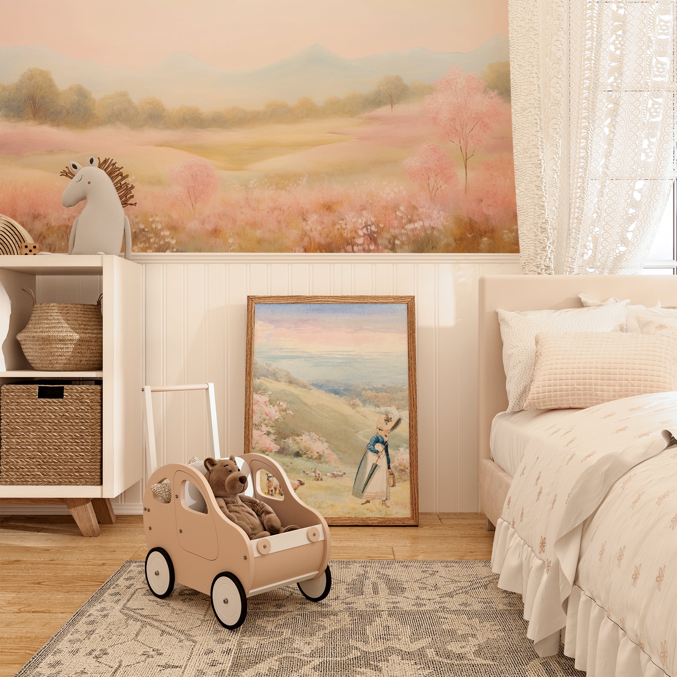 Bedroom installation of the Spring Valley mural showcasing a tranquil springtime scene with soft pastels and floral elements.