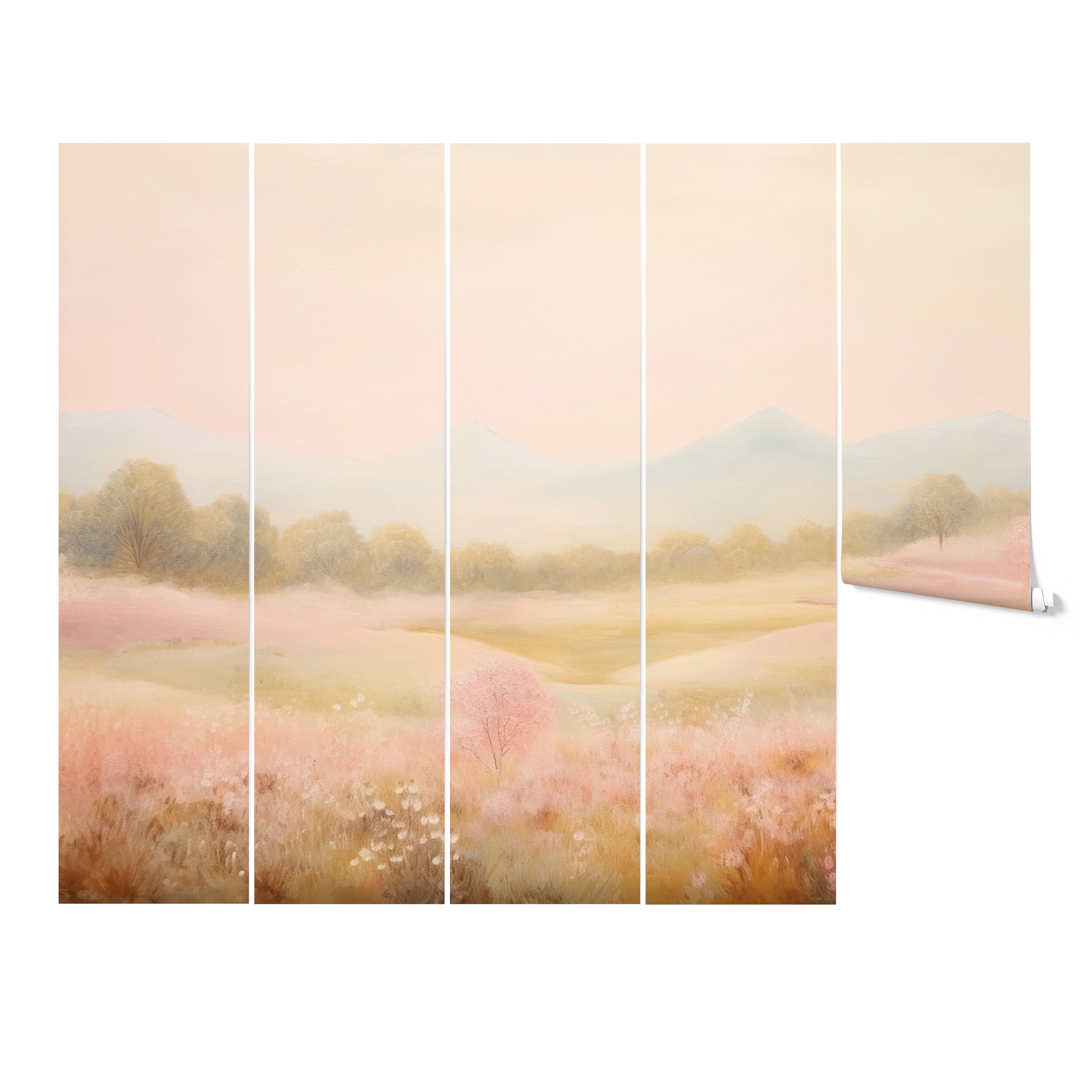 Landscape mural of a spring valley with blooming pink trees and distant mountains in soft pastel colors.