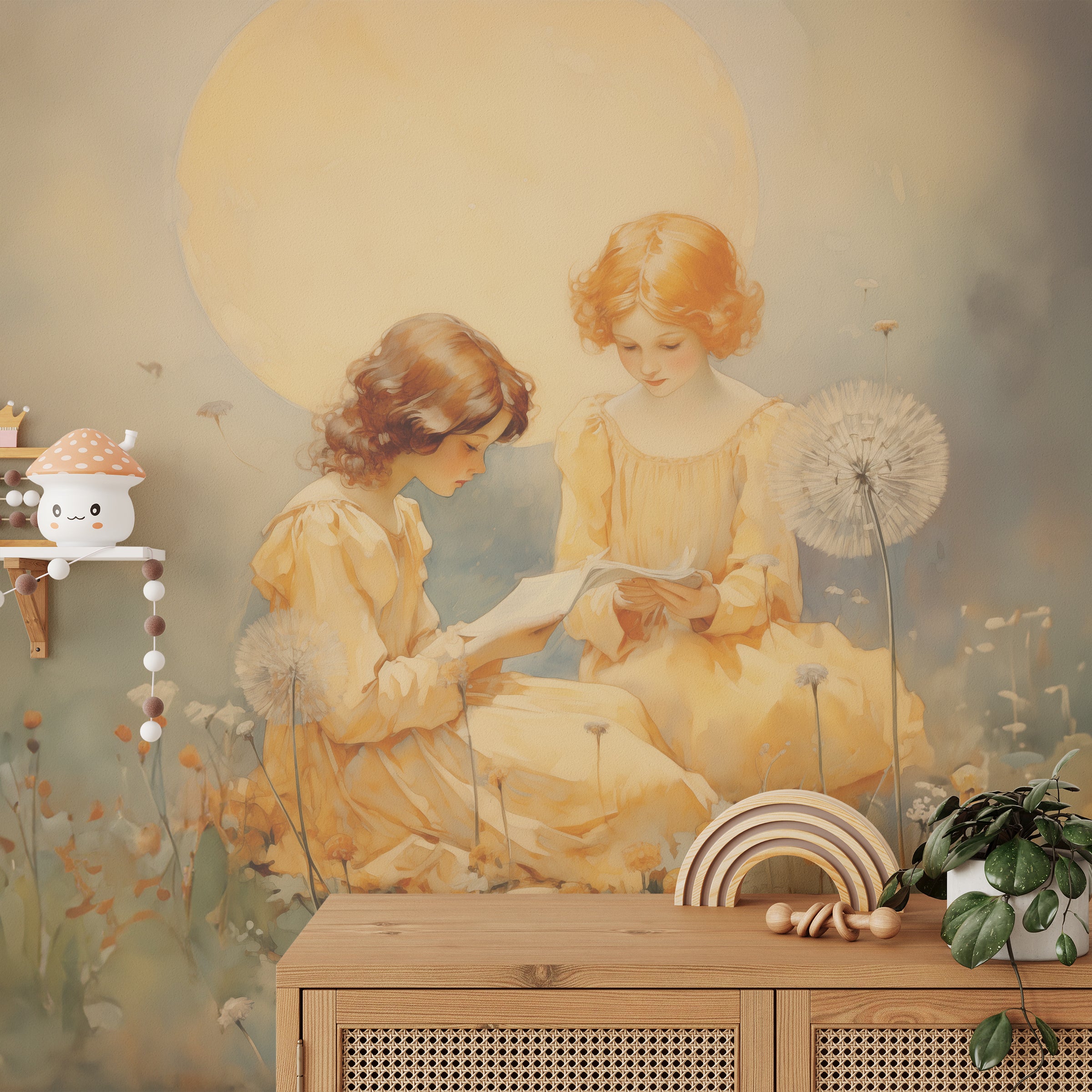 Detailed view of the 'Moonlight Book Club' mural in a child's room, highlighting the soft pastel colors and dreamy ambiance.