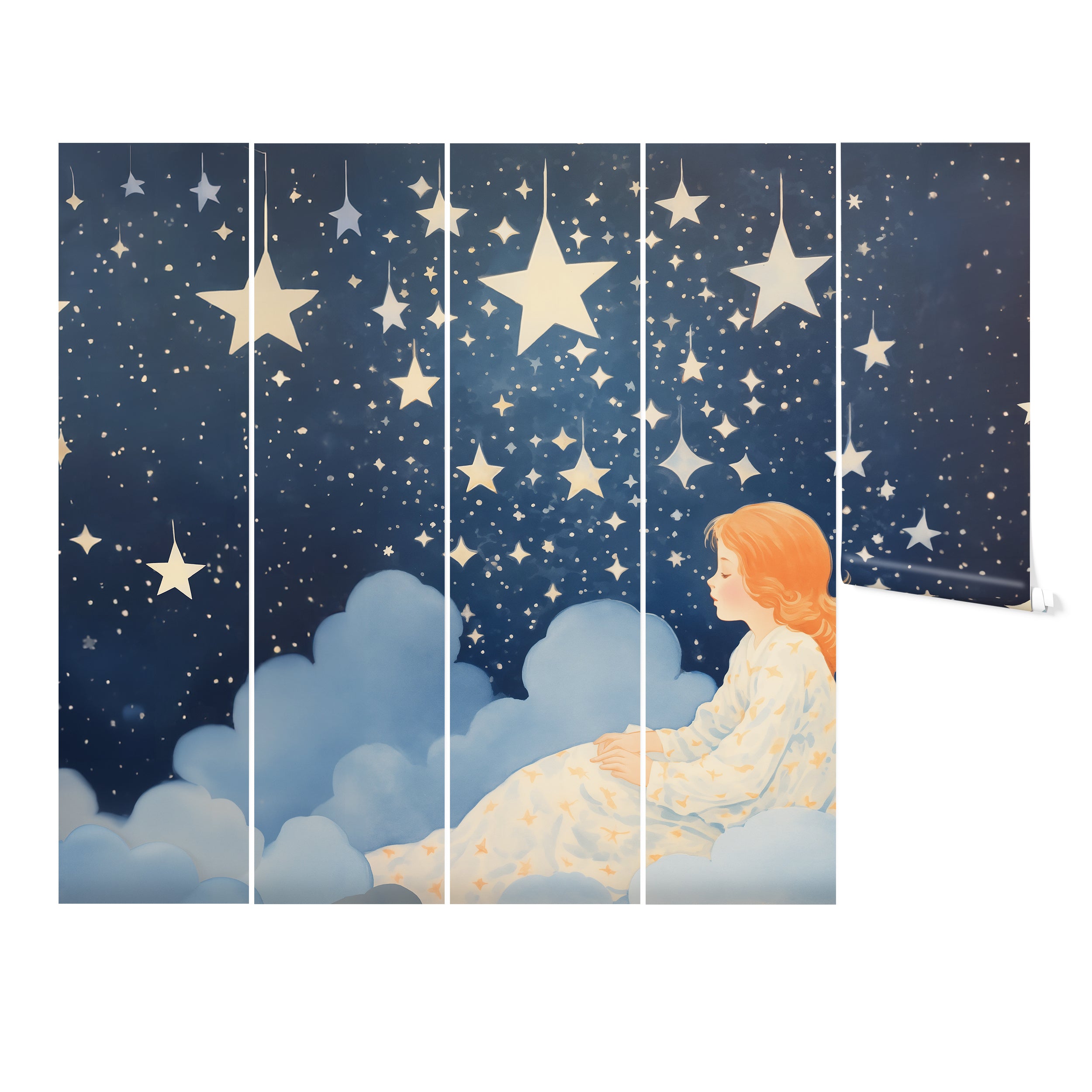Full view of the 'Sweet Dreams Mural' depicting a young girl amid a star-filled sky and whimsical clouds