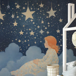 Bedroom for a child showcasing the 'Sweet Dreams Mural' on the wall, complemented by star-themed decor and soft toys.