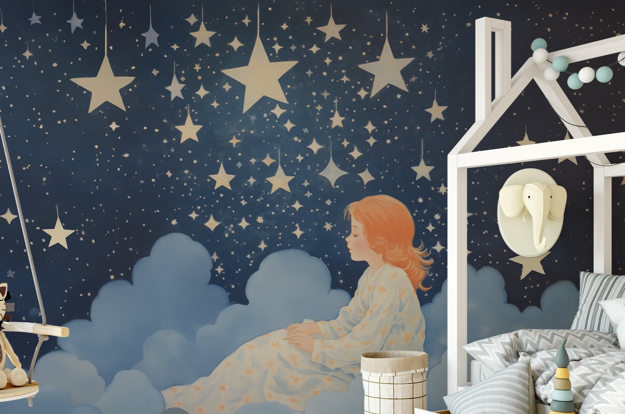 Bedroom for a child showcasing the 'Sweet Dreams Mural' on the wall, complemented by star-themed decor and soft toys.
