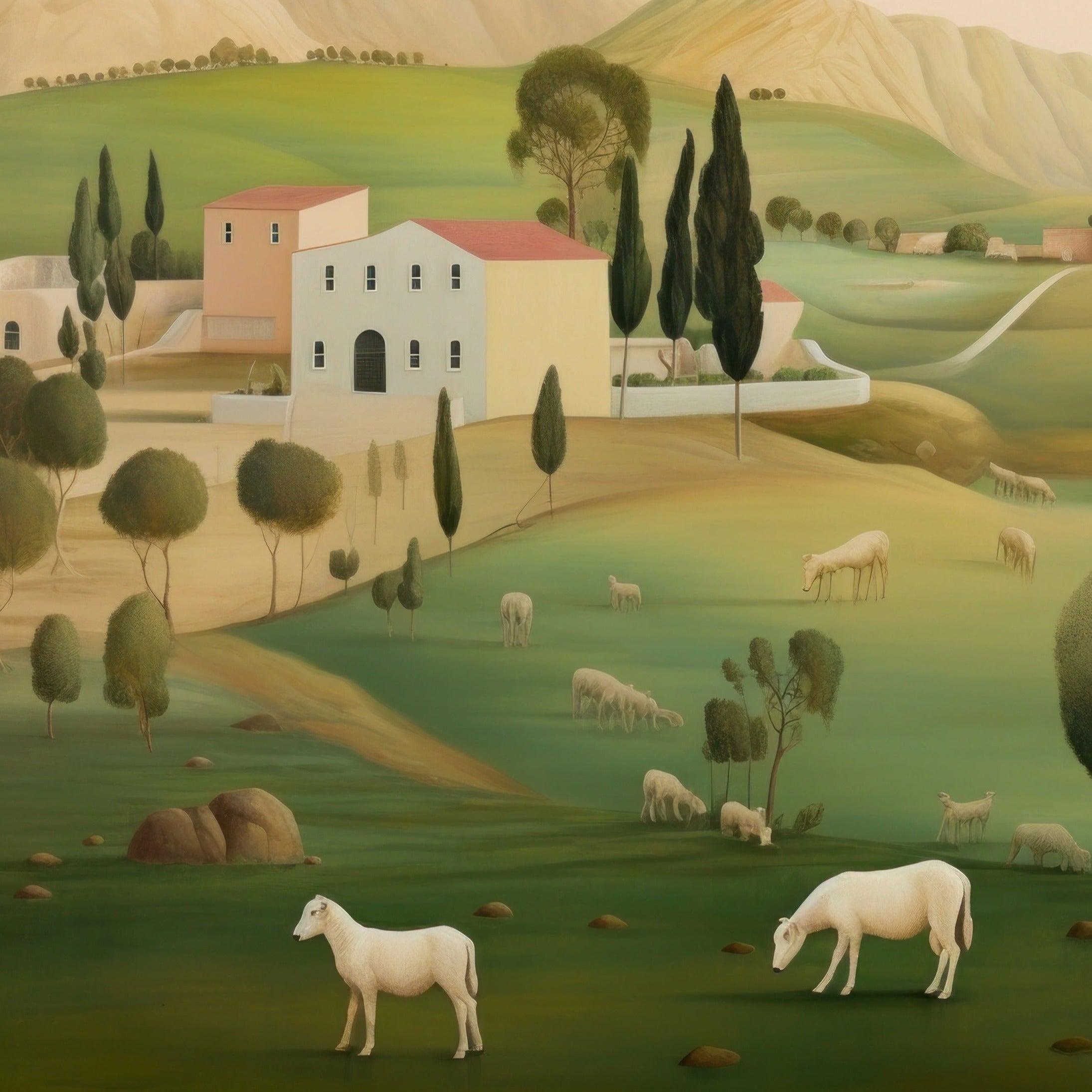 Panoramic view of a pastoral landscape mural depicting rolling hills, traditional houses, and grazing sheep in a serene countryside setting.