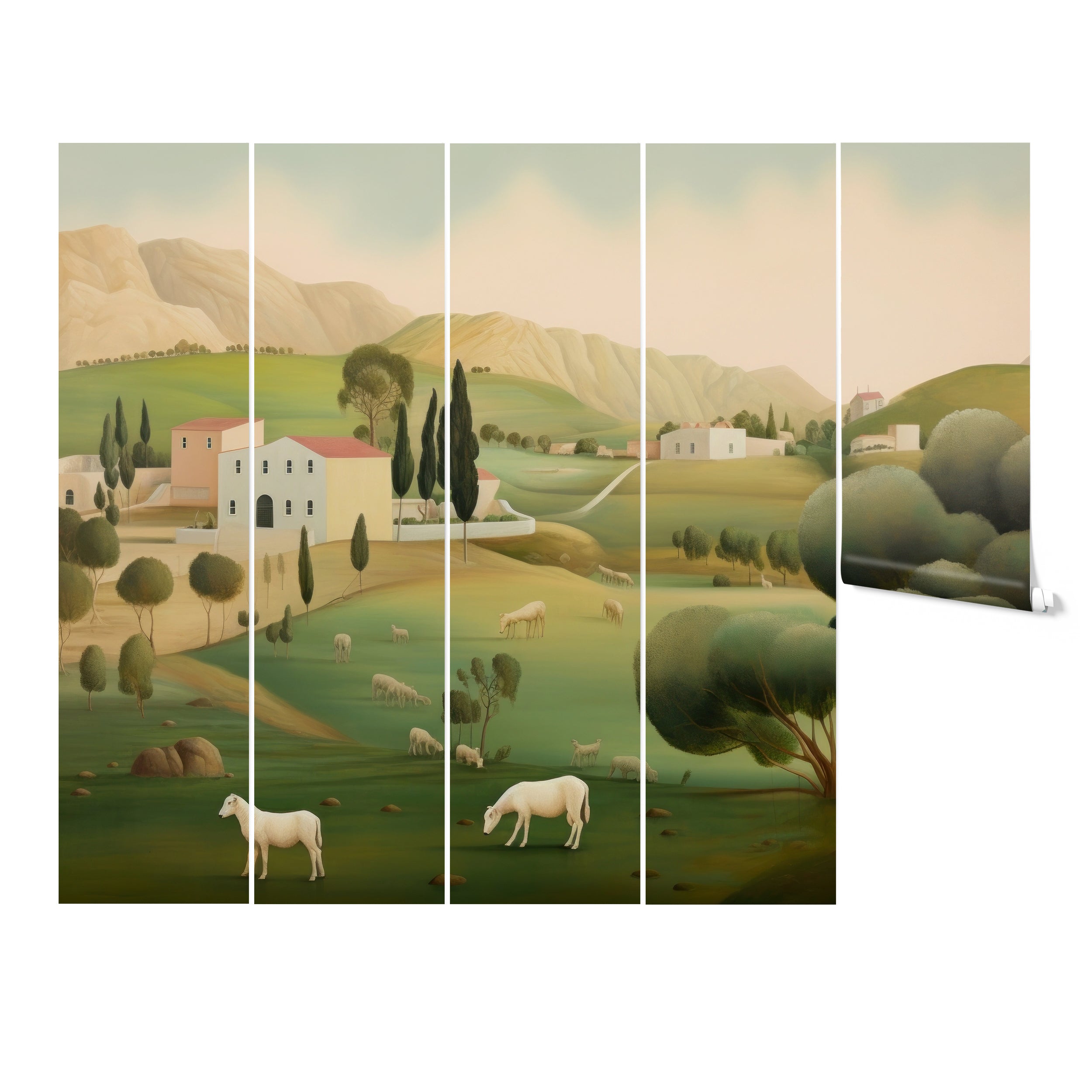 Different sections of a pastoral landscape mural printed on individual rolls, ready for wall application.
