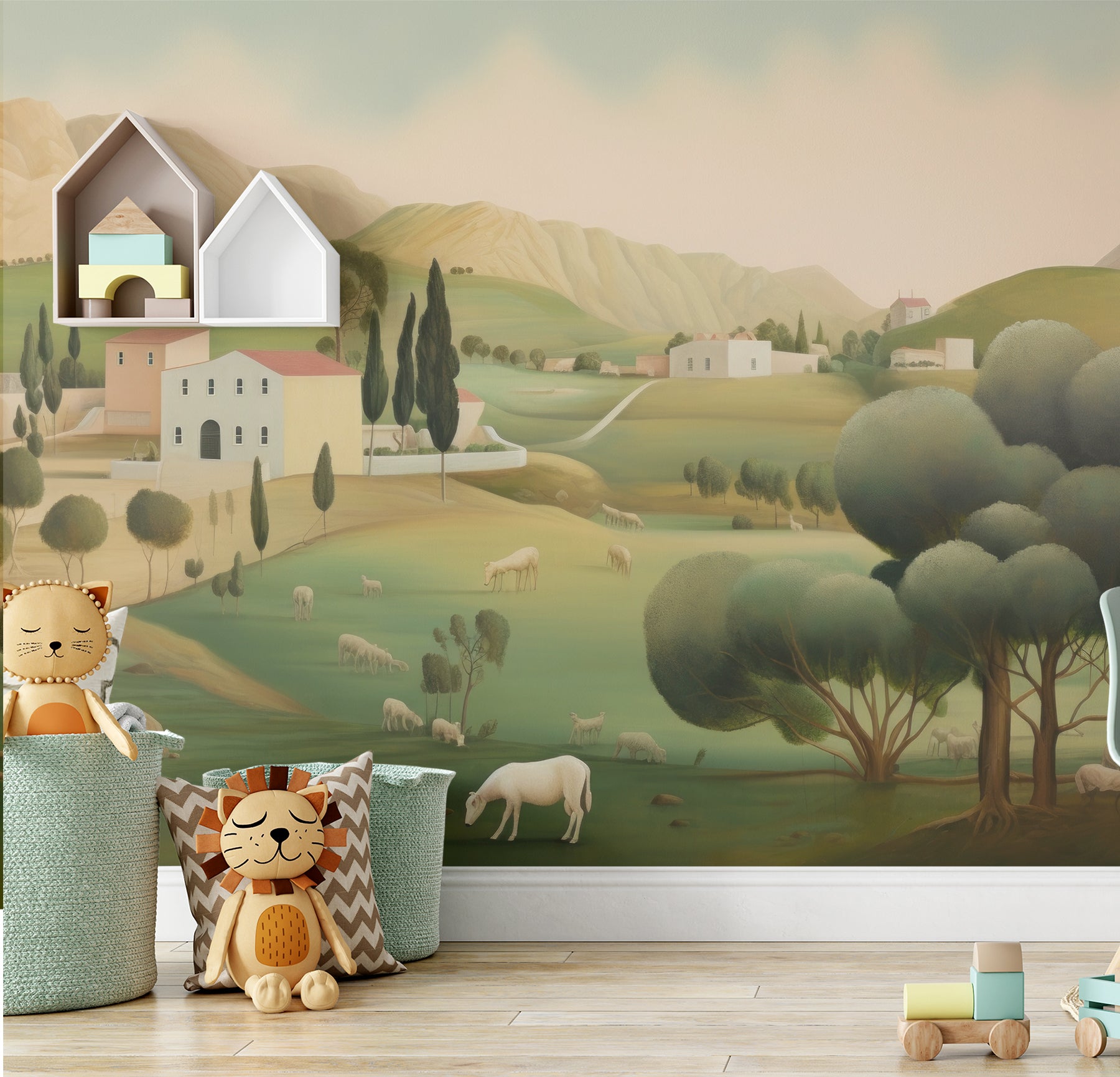  Interior design featuring a pastoral landscape mural in a child’s playroom with toys and children's furniture foregrounding.
