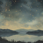 Nighttime scenic mural of a starry sky over a calm lake and distant mountains, creating a peaceful and enchanting ambiance.