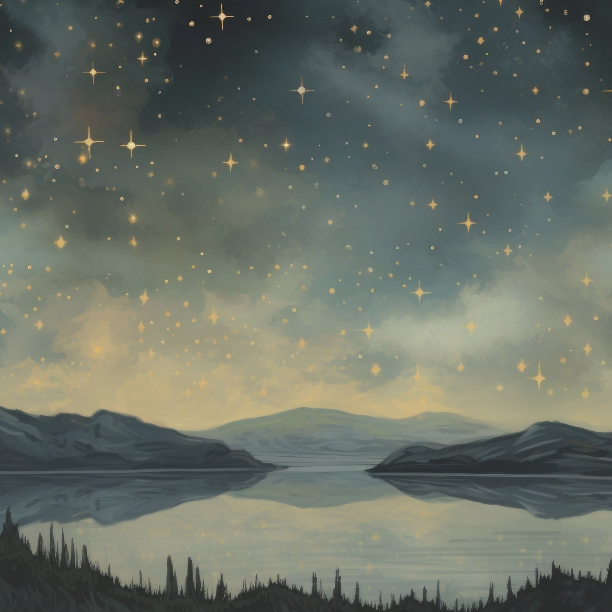 Nighttime scenic mural of a starry sky over a calm lake and distant mountains, creating a peaceful and enchanting ambiance.