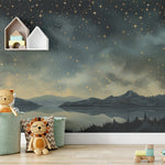 "Canoe Lake" mural in a nursery setting with children's toys and a house-shaped shelf against a starry night backdrop.