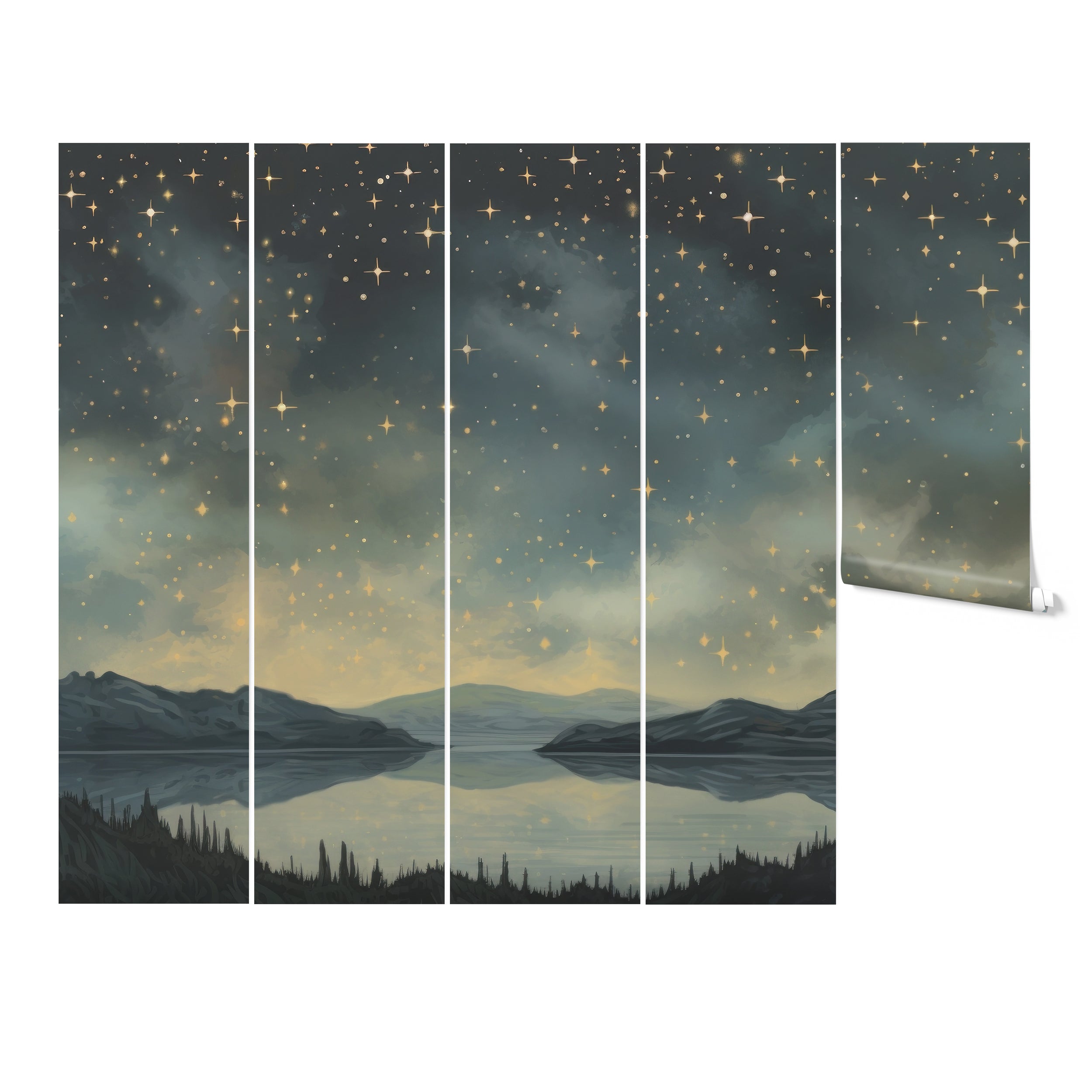Rolls of "Canoe Lake" mural wallpaper featuring a star-filled sky and a serene lakeside mountain view, ready for installation.