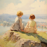 Two children sitting on cliff overlooking river valley in pastel wall mural"