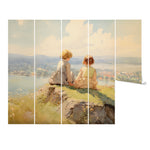Segmented wall panels of river bend mural featuring two children looking over a scenic valley
