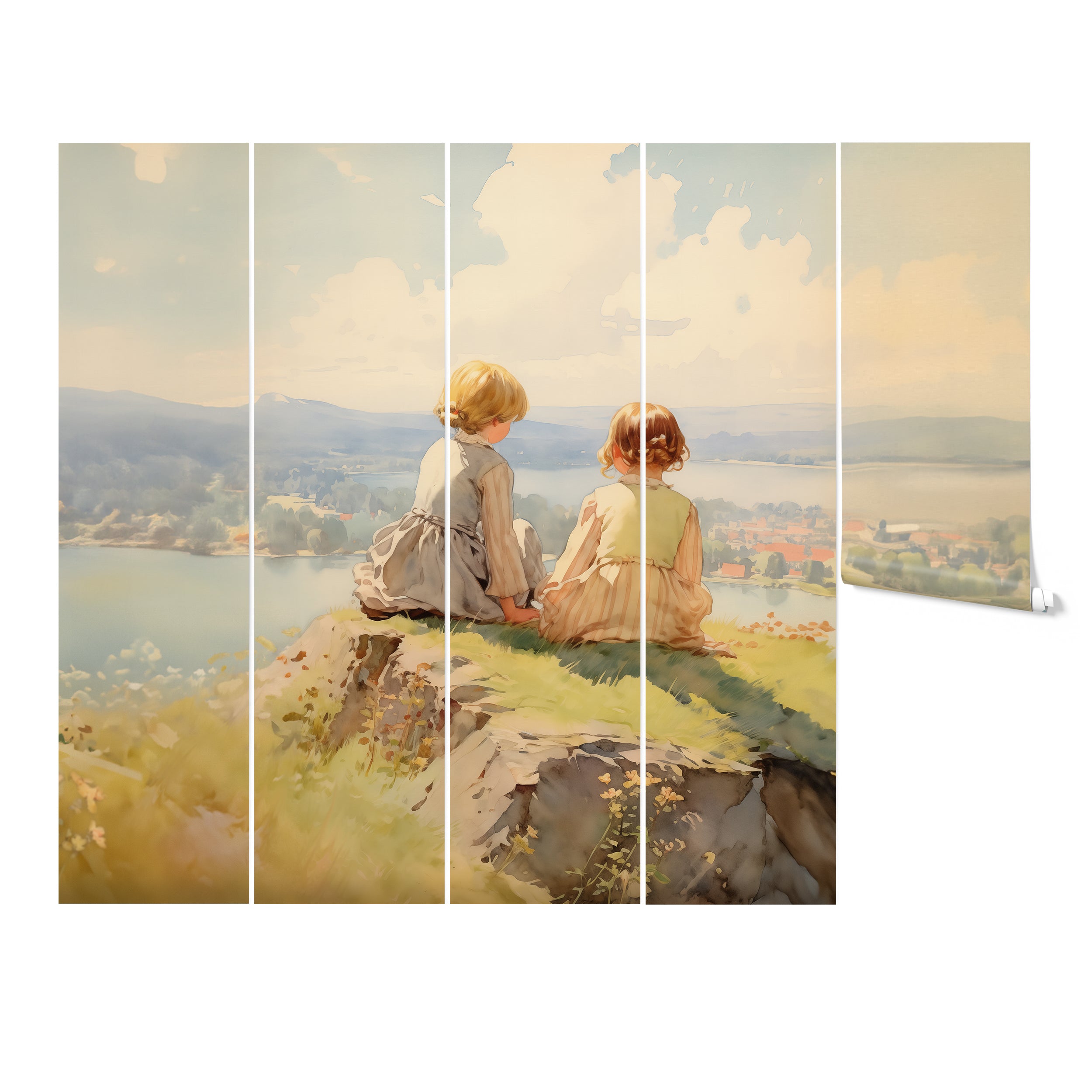 Segmented wall panels of river bend mural featuring two children looking over a scenic valley