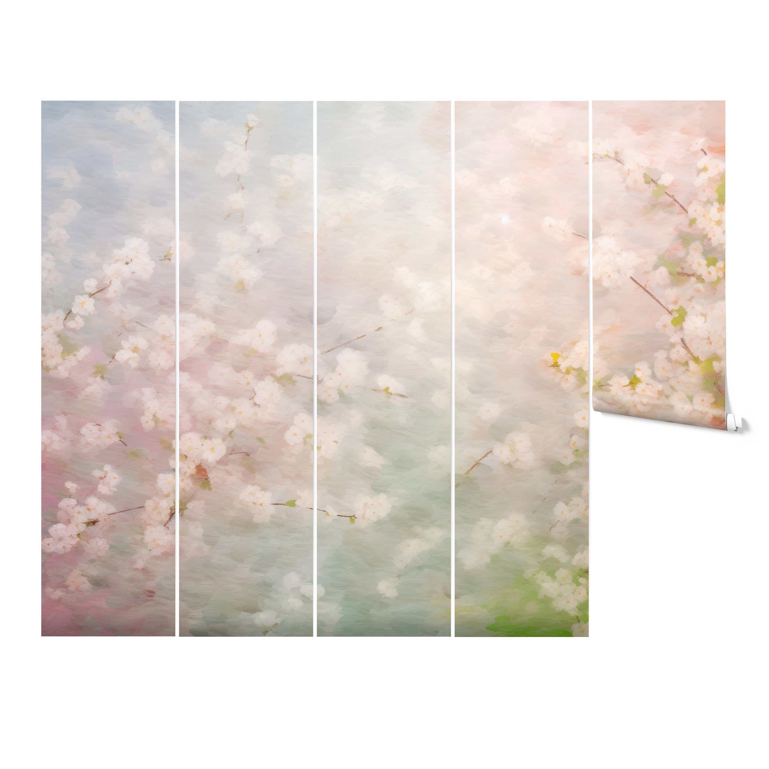 Segmented wall panels displaying a pastel cherry blossom mural in dreamy hues