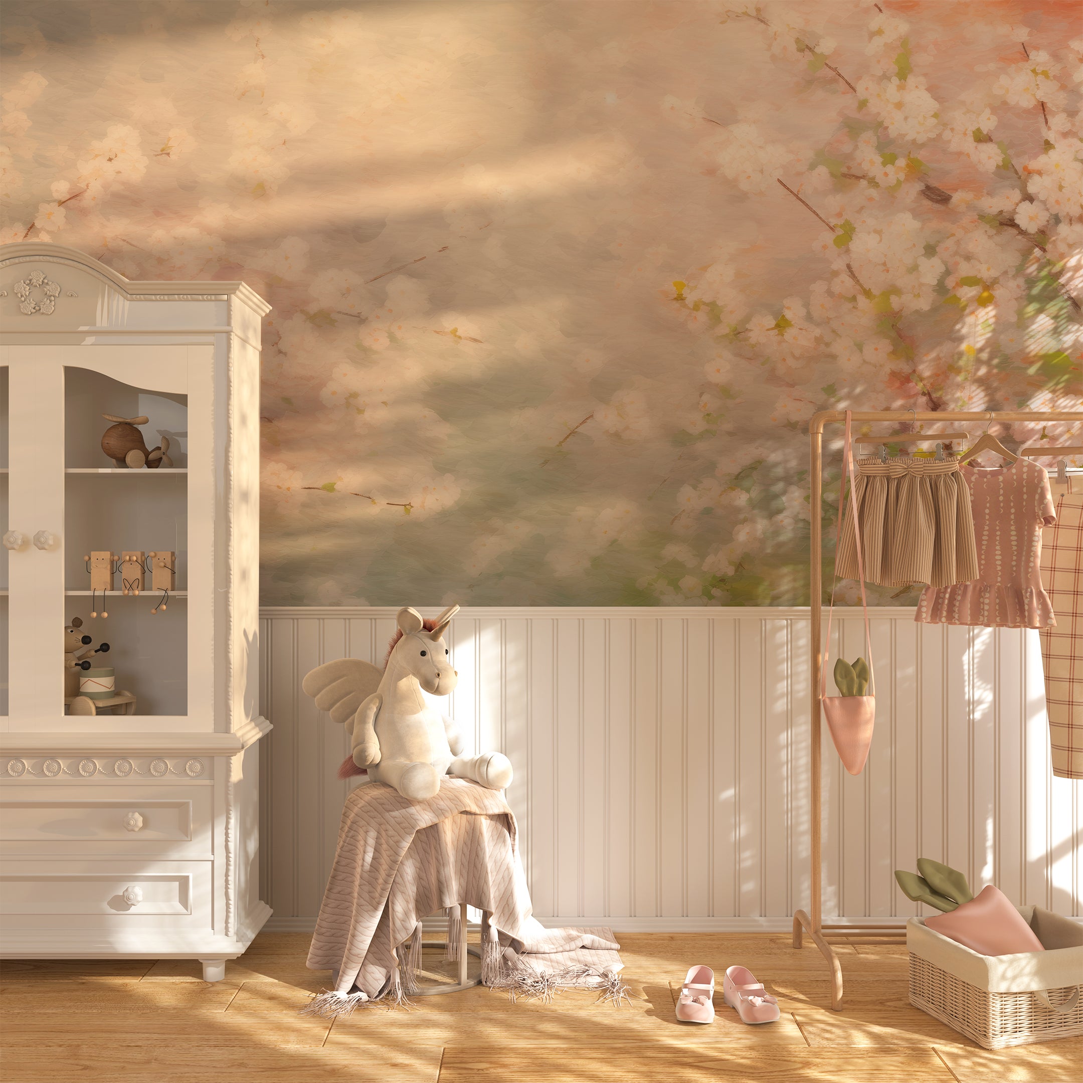 Children's bedroom with pastel cherry blossom mural and cozy cottage-themed furniture