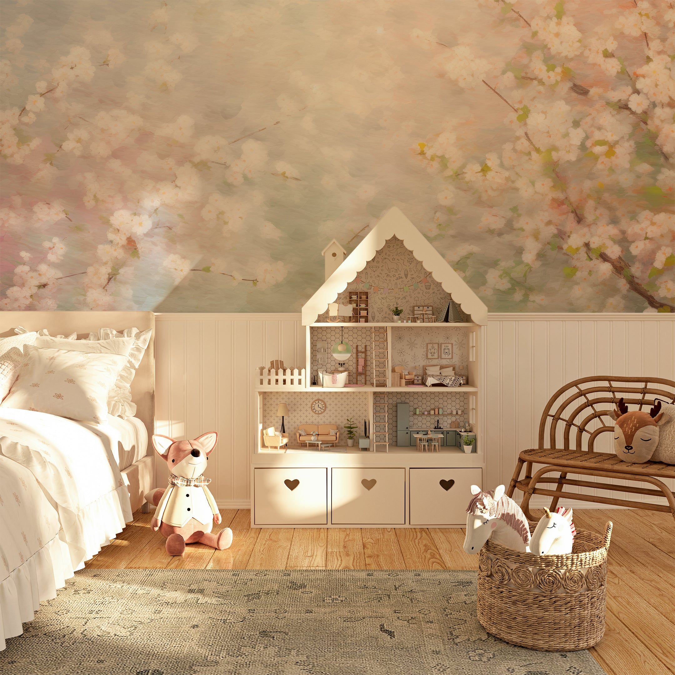 Warm and inviting nursery room featuring pastel blossom mural and plush toys