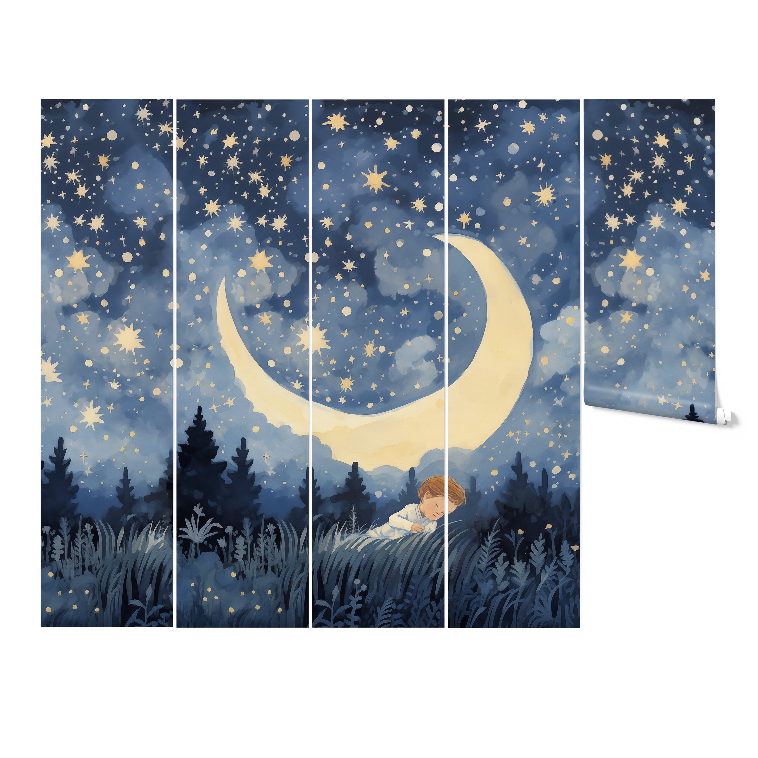Segmented wall panels depicting a crescent moon and stars over a dark forest landscape