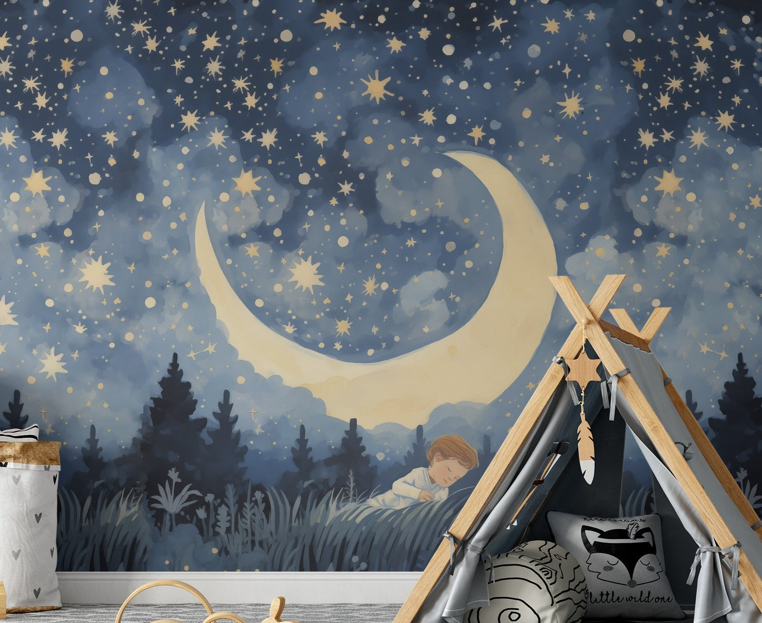 Starry night mural with crescent moon in a playful child's room with teepee and toys