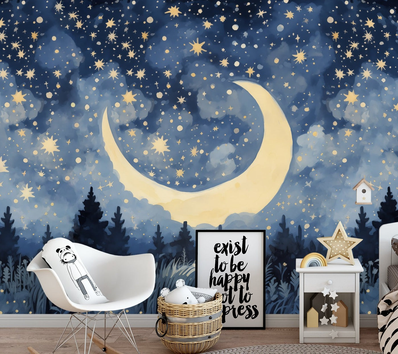 Full wall mural of a starry night sky with a crescent moon and sleeping child in the meadow"