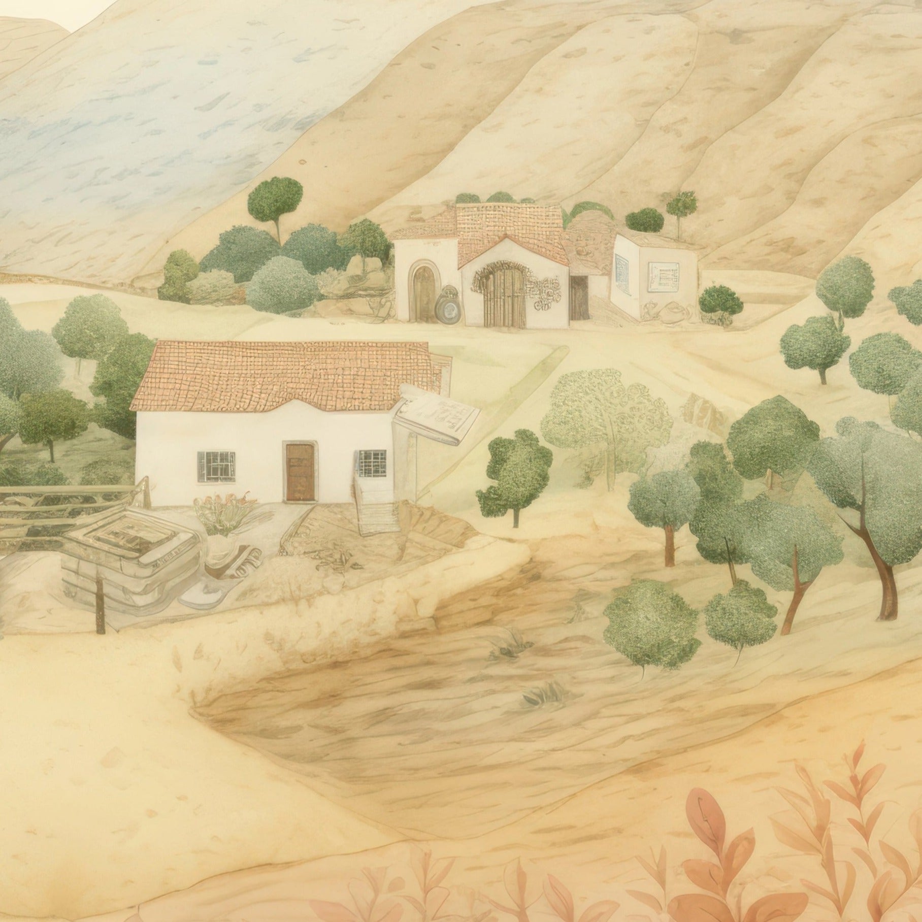 "Pastel-hued mural depicting Tuscany's serene landscape"