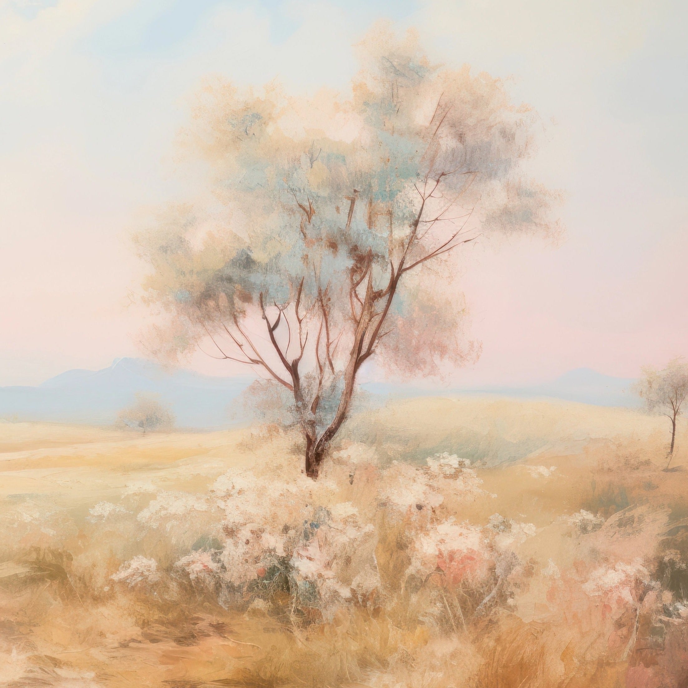 "Calming landscape mural featuring an open prairie with wildflowers and a meandering path"