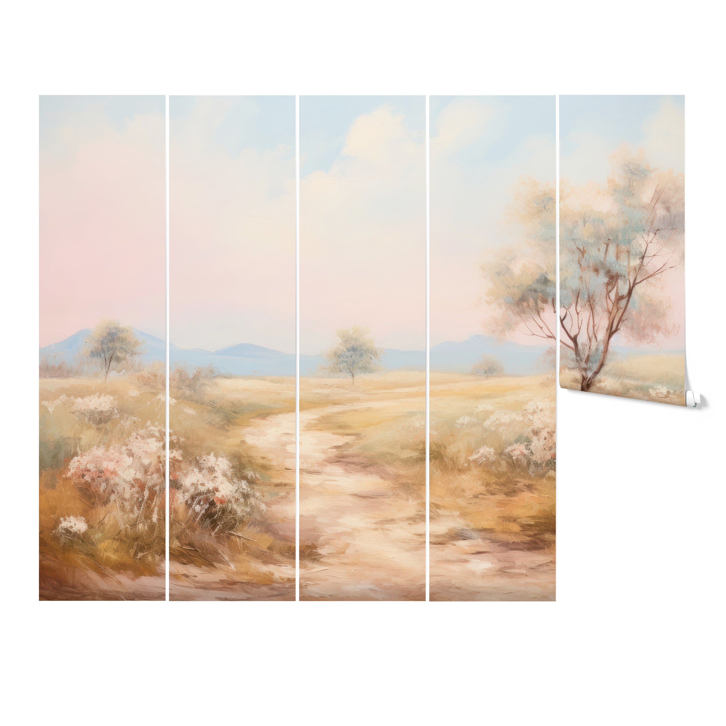 "Pastel Prairie Landscape Mural with a meandering pathway and soft sky"