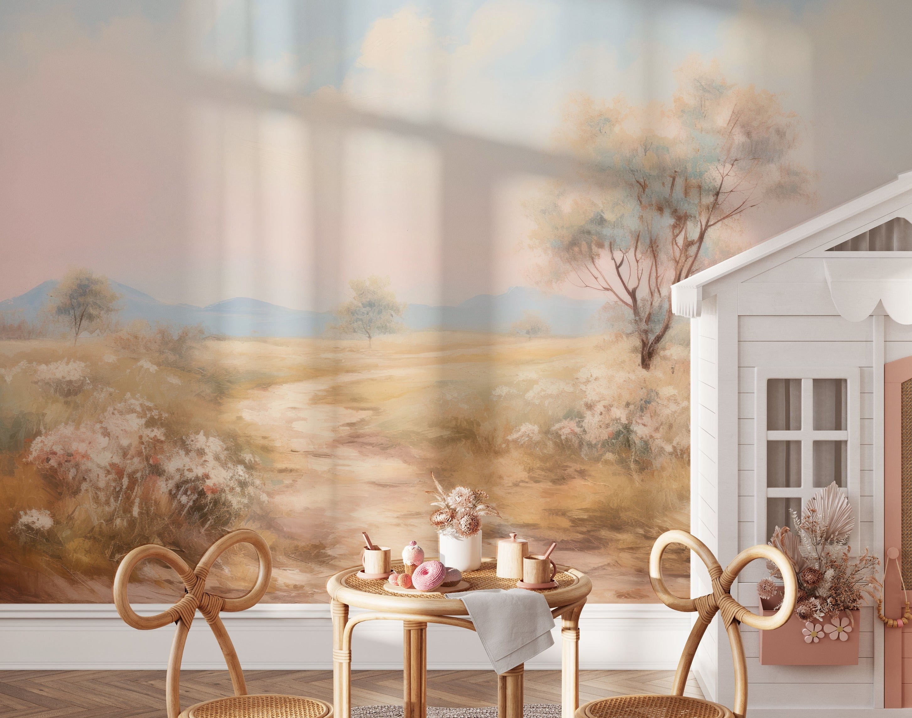 "Tranquil prairie scene mural with pastel skies and a tree in the foreground"