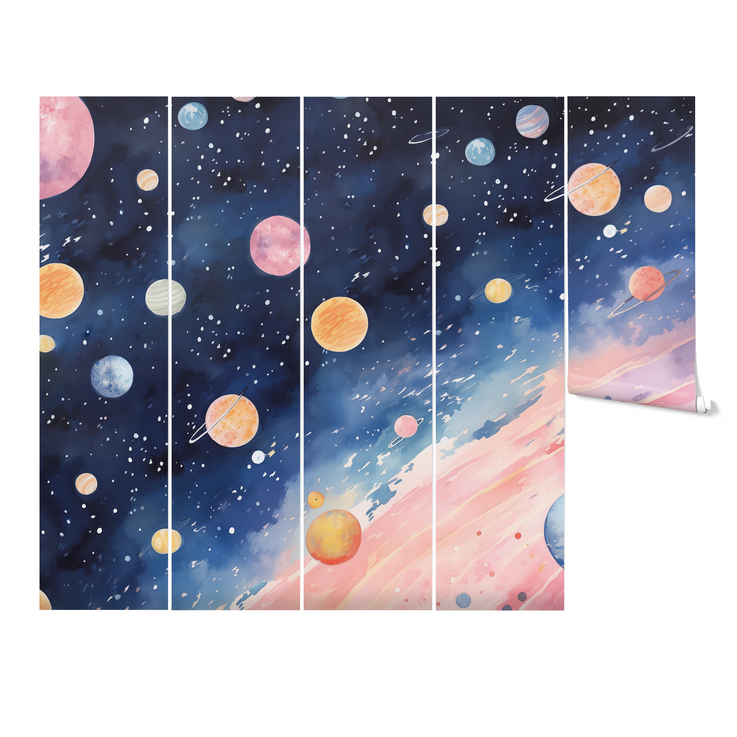 Outer Space Mural featuring a colorful array of planets and stars set against a deep, starry background.