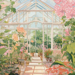Lush garden house mural with hydrangeas and roses in a sunlit greenhouse setting