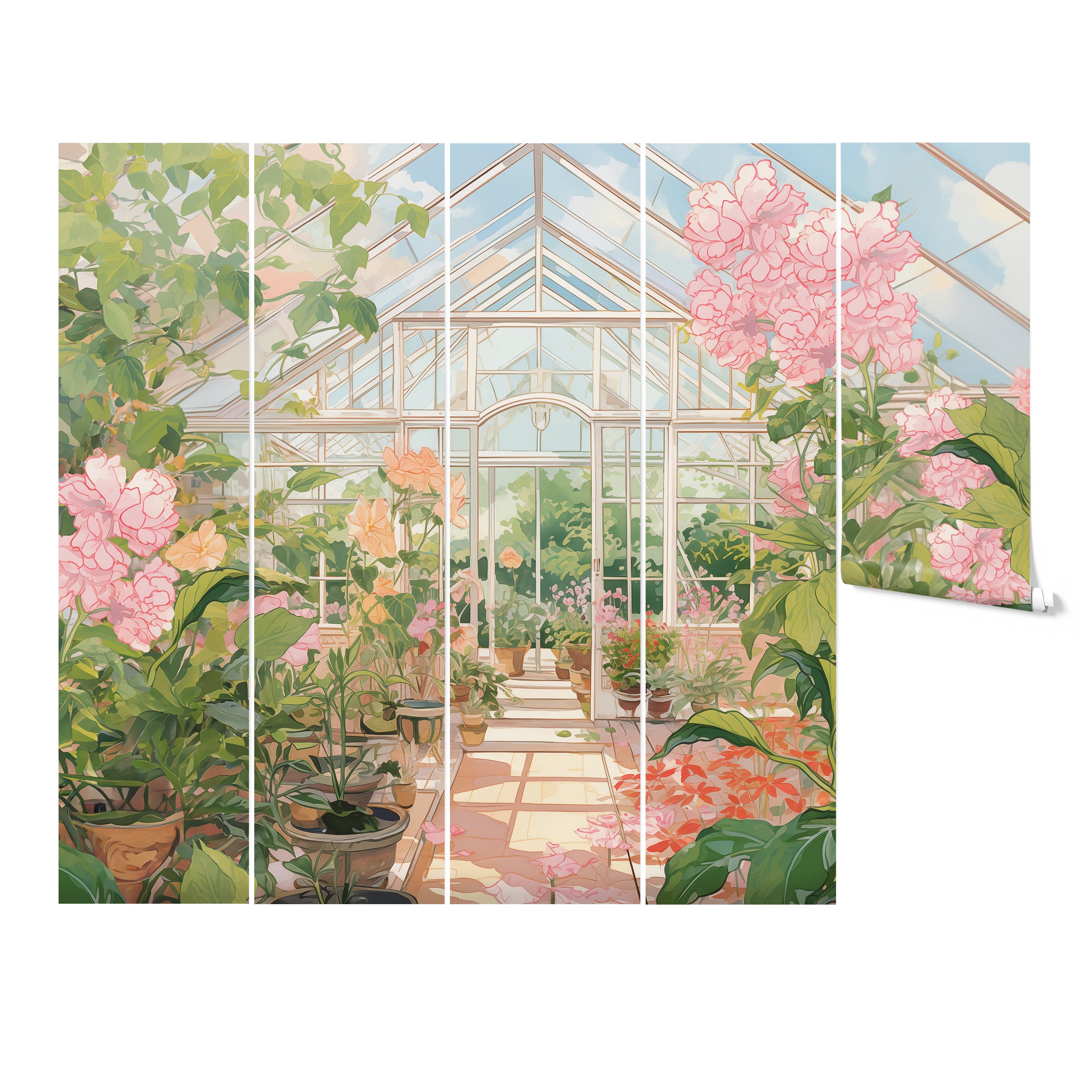 Segmented wall panels of a garden house mural showcasing a detailed and colorful greenhouse filled with flowers