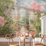 Nursery room with garden house mural, displaying colorful flowers and greenery inside a greenhouse