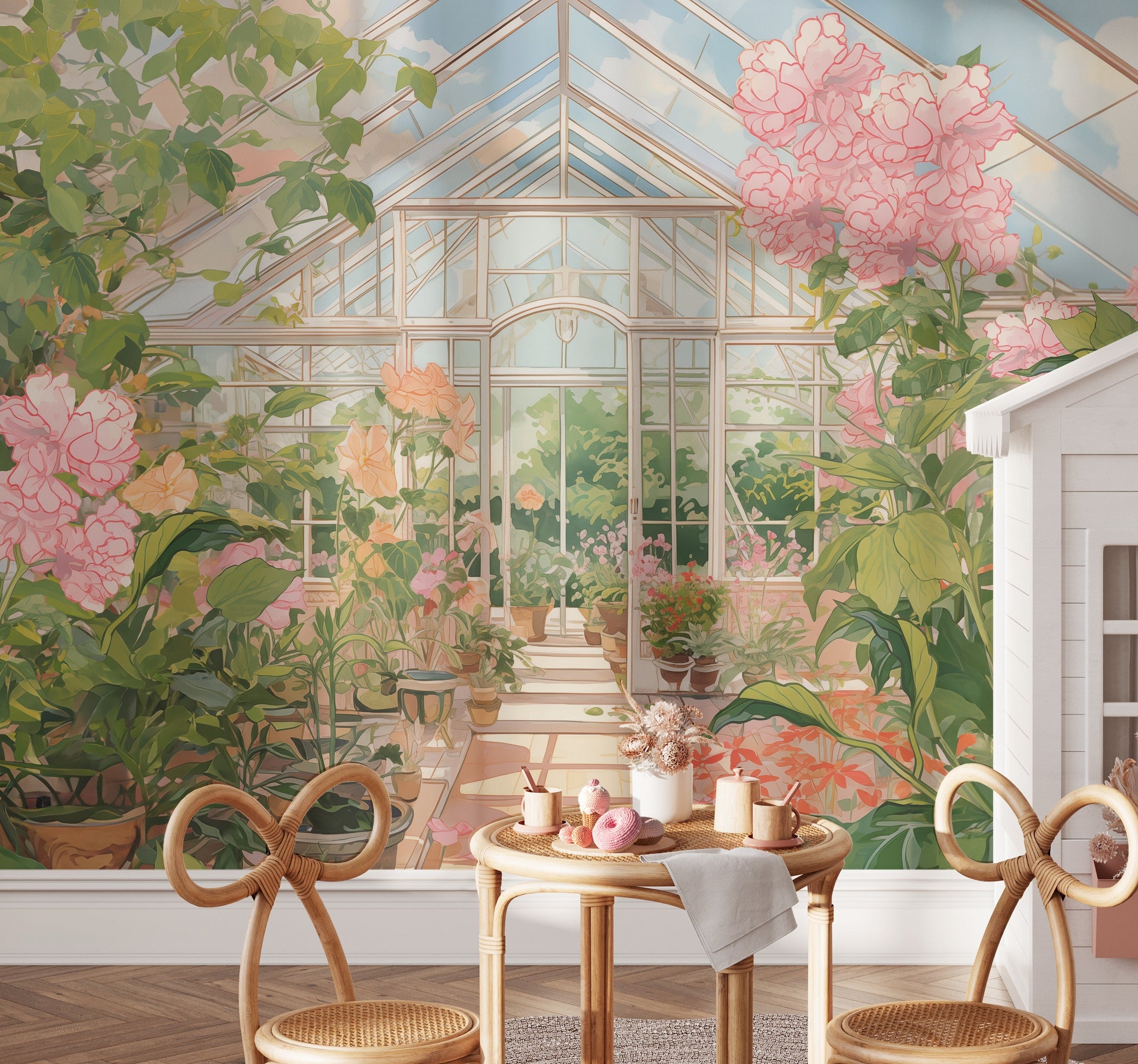 Nursery room with garden house mural, displaying colorful flowers and greenery inside a greenhouse