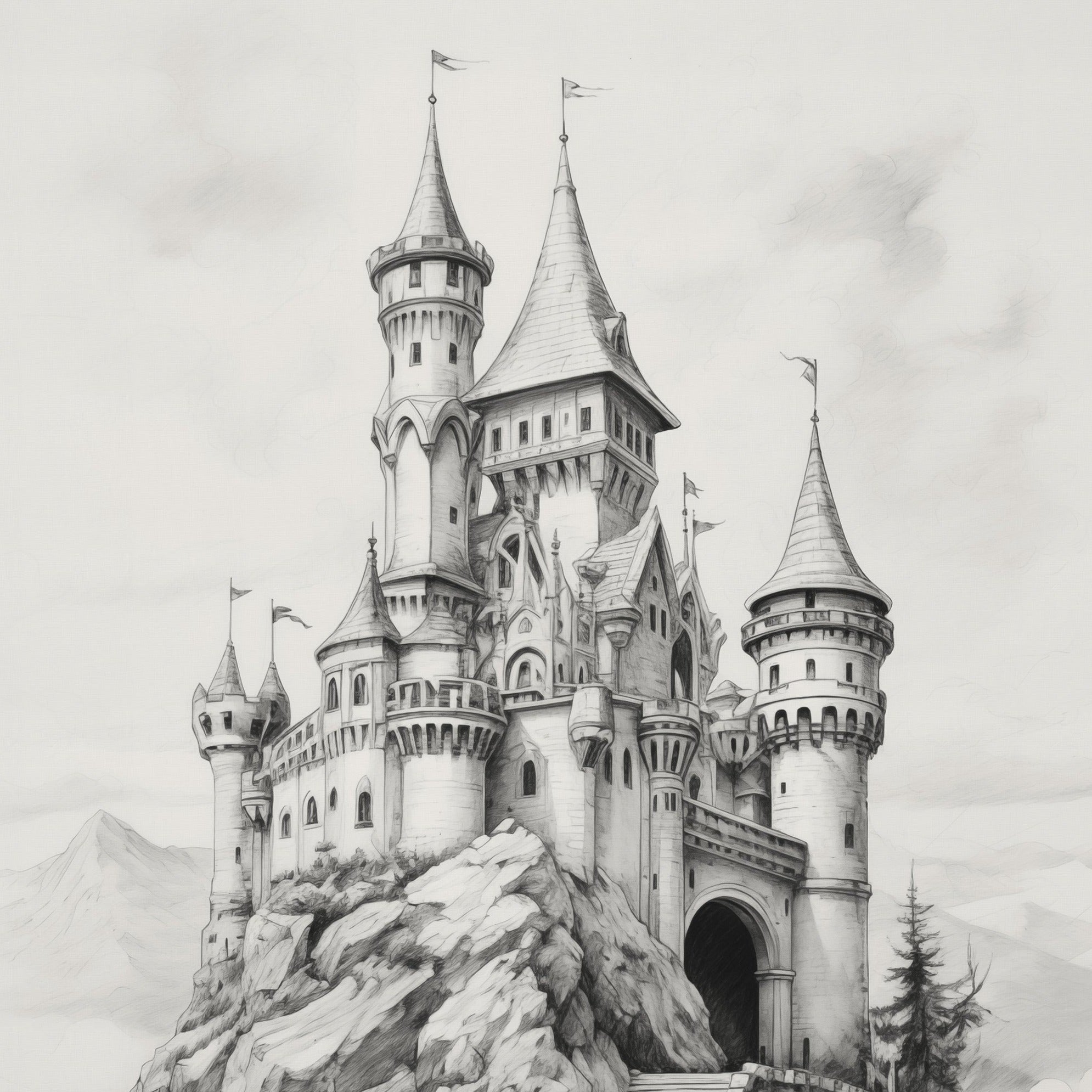 Pencil-drawn Cloud Castle wallpaper mural featuring a majestic castle on a rocky mountain surrounded by misty clouds