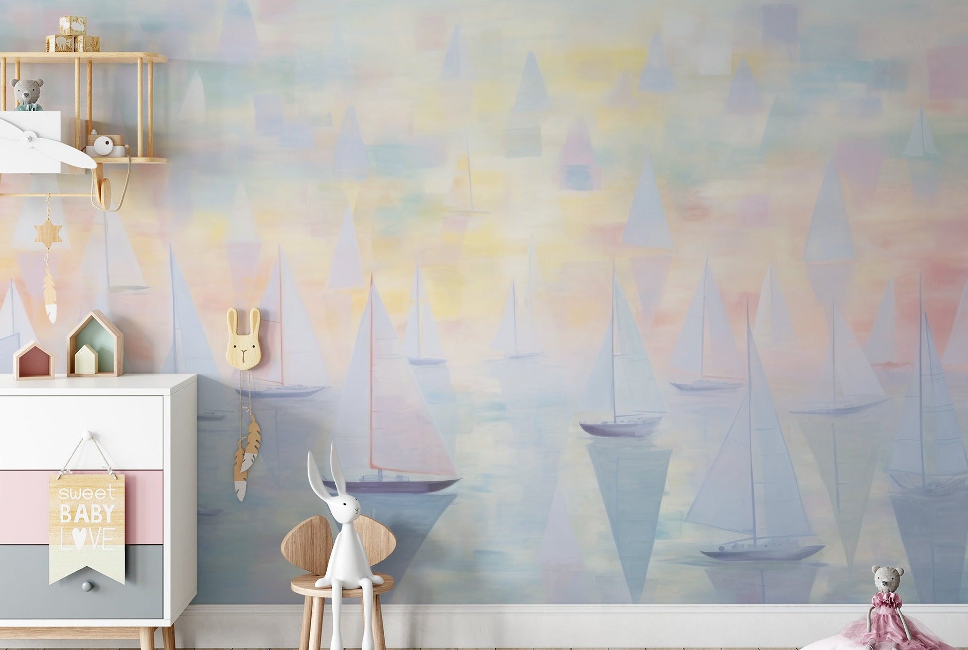 Sailing boats on calm waters under a pastel sky in the Boracay Sunset Mural wallpaper."