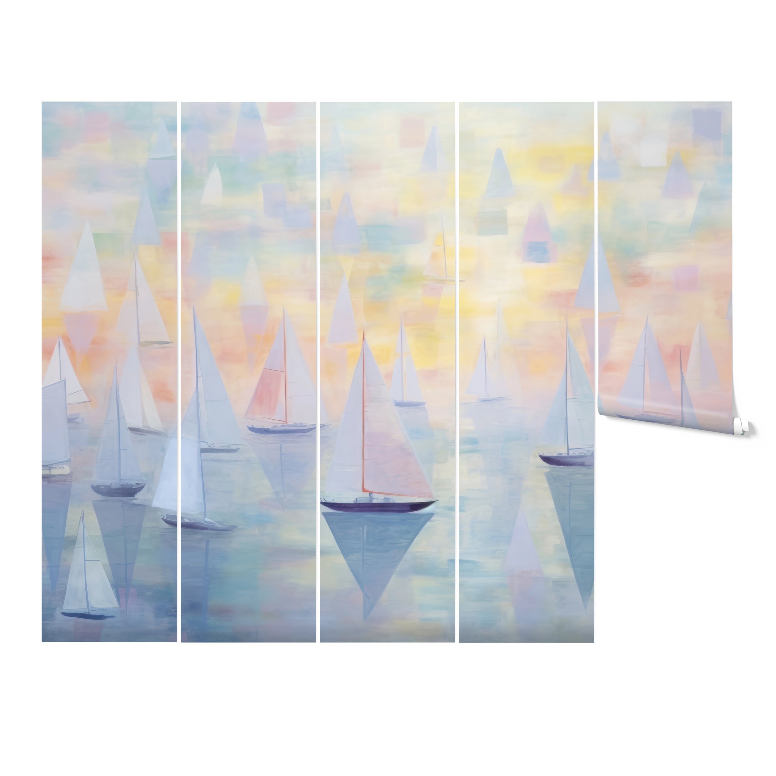 Nursery room decorated with Boracay Sunset Mural, featuring light pastel tones and sailing boat illustrations.