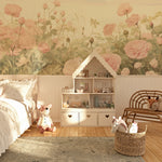 Rose Garden wallpaper mural in a cozy room with wooden floor, dollhouse, and bed