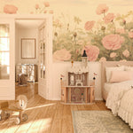 Rose Garden wallpaper mural in a cozy room with wooden floor, dollhouse, and bed