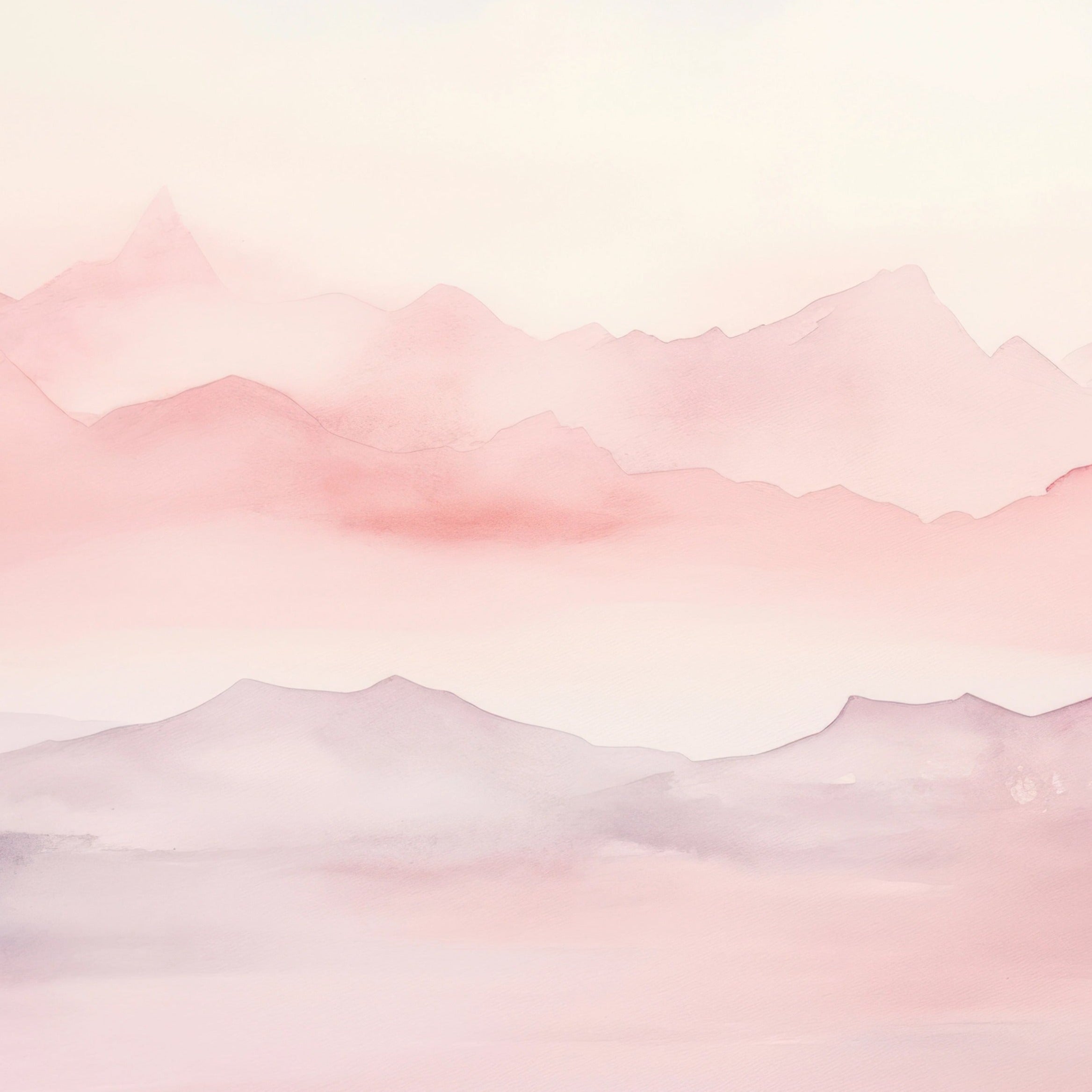 Soft pastel-colored mountain ranges in a mural, showcasing serene pink and gray hues."