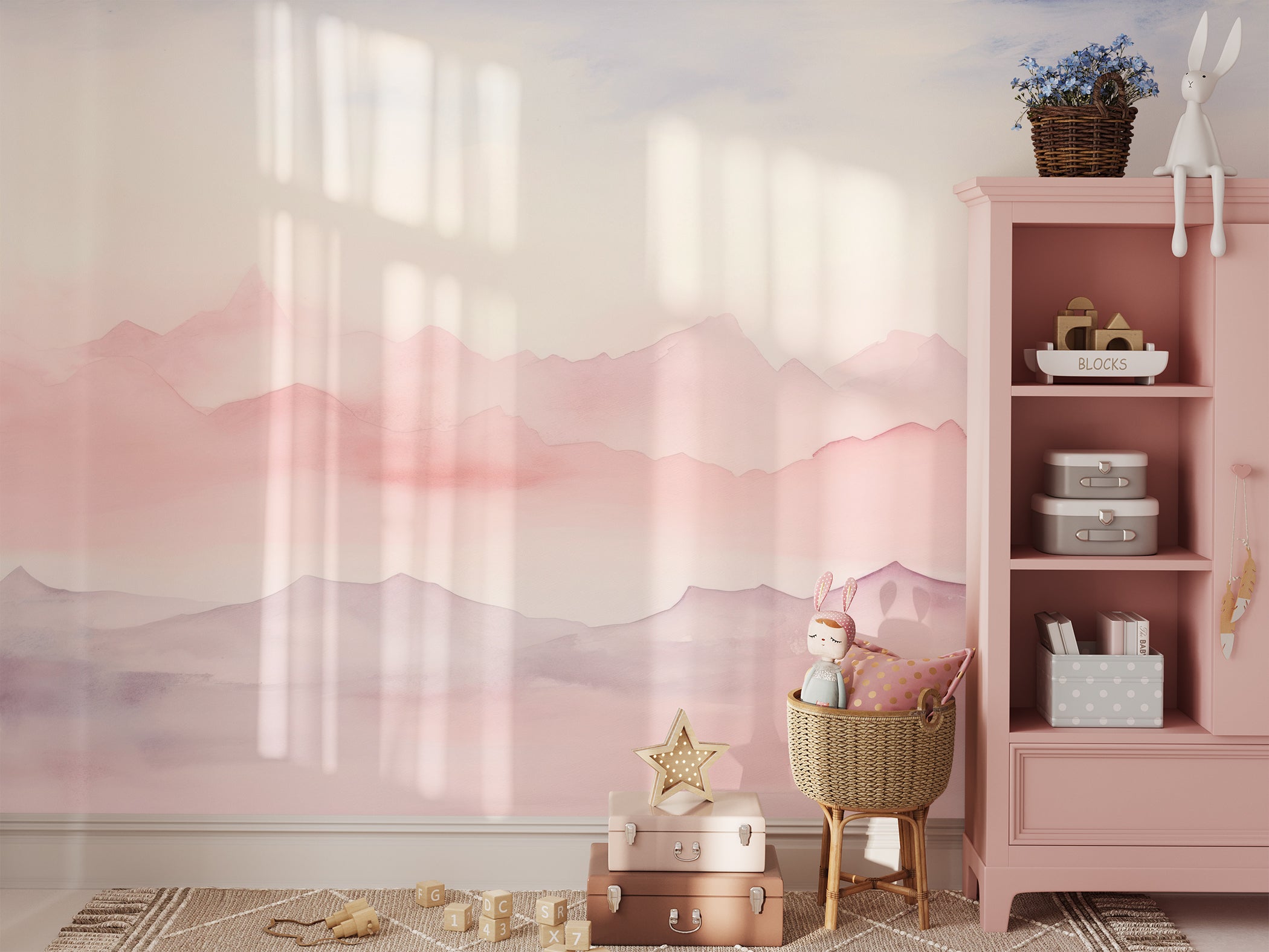 Child’s play area decorated with Pastel Mountain Mural, featuring soft pink and gray mountains."