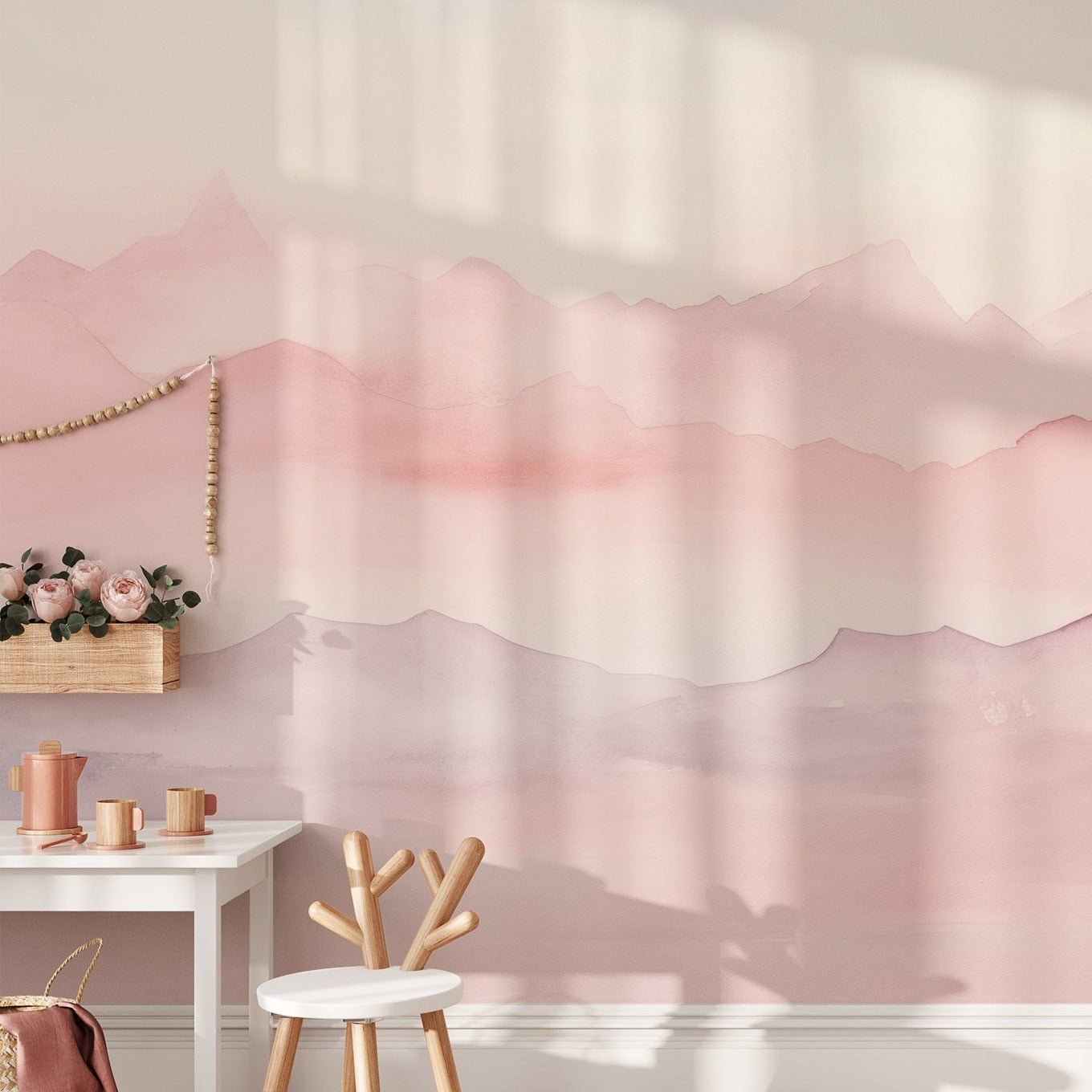 Pastel Mountain Mural installed in a children’s room with toy storage and minimalist decor."