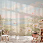 Children's room featuring Wildflower Valley Mural with soft floral and mountain scenery."